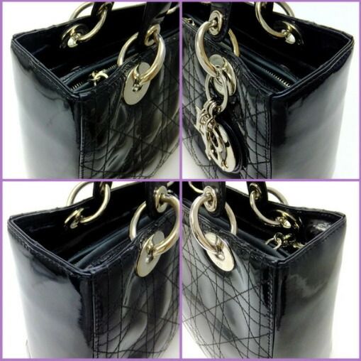 Dior Cannage Handbag Enamel Black Silver Hardware: