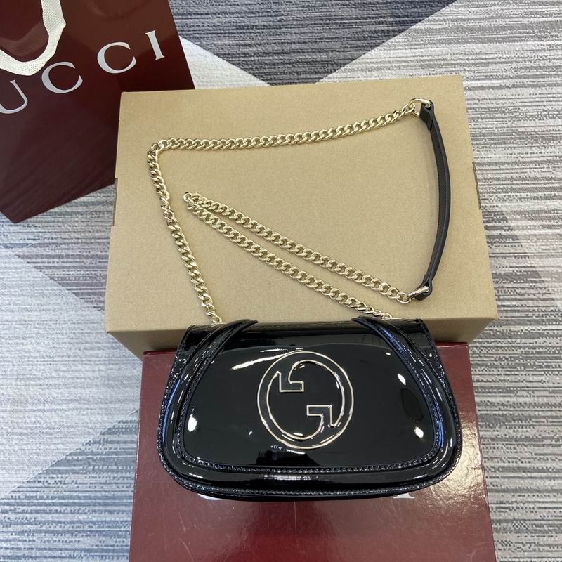Gucci Blondie Black Patent Leather Shoulder Bag with Gold Chain Strap