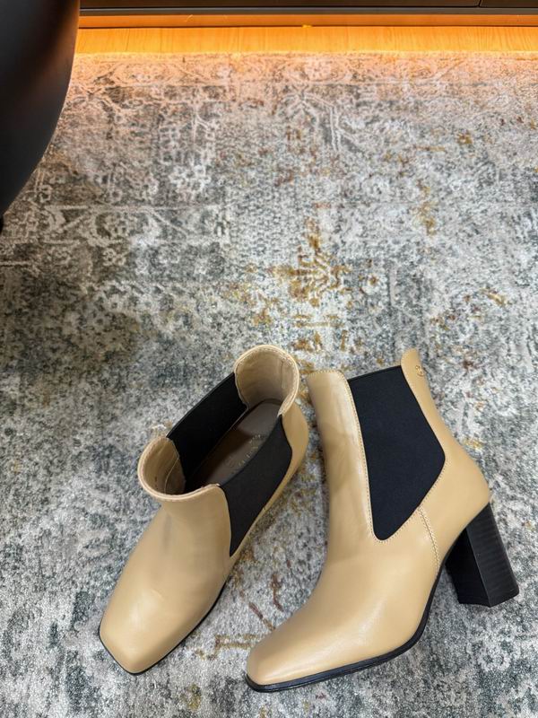CHANEL Beige Chelsea Ankle Boots with Black Block Heels