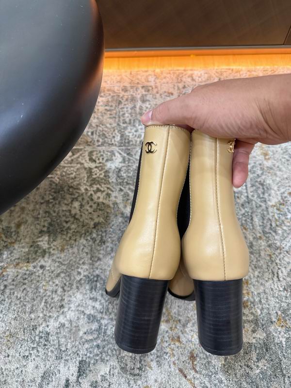 CHANEL Beige Chelsea Ankle Boots with Black Block Heels