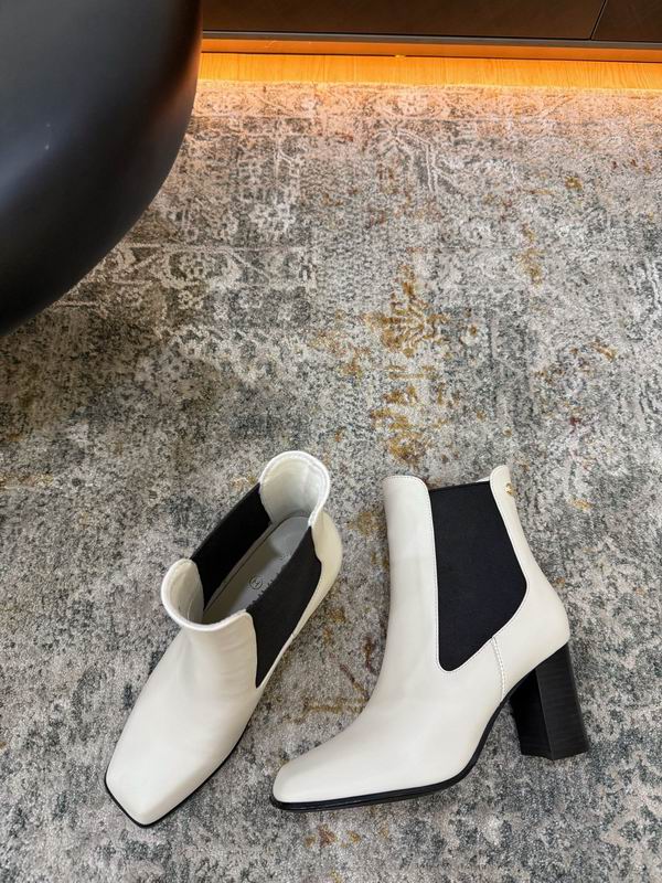 CHANEL White Chelsea Ankle Boots with Black Block Heels