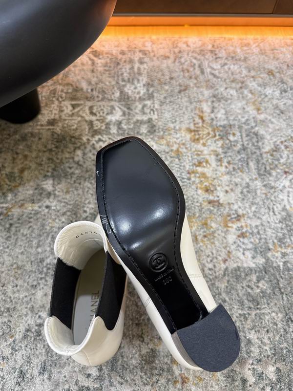CHANEL White Chelsea Ankle Boots with Black Block Heels