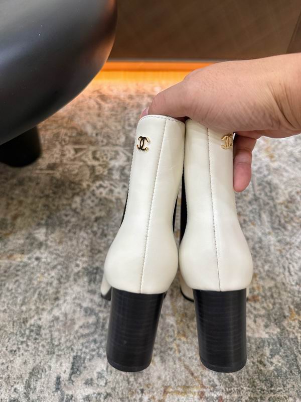 CHANEL White Chelsea Ankle Boots with Black Block Heels