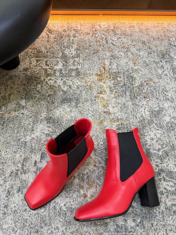 CHANEL Red Chelsea Ankle Boots with Black Block Heels