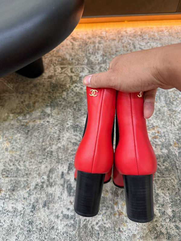 CHANEL Red Chelsea Ankle Boots with Black Block Heels
