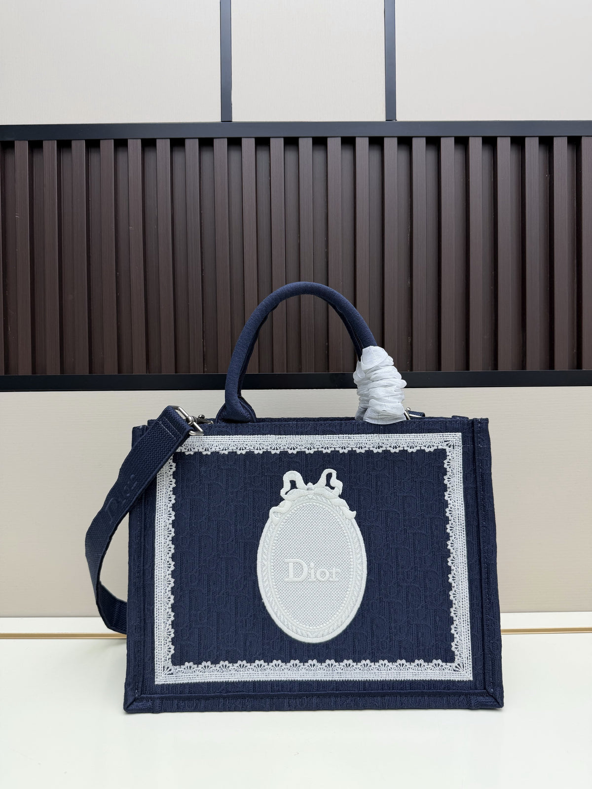 Dior Book Tote – Navy Blue Lace Embroidery