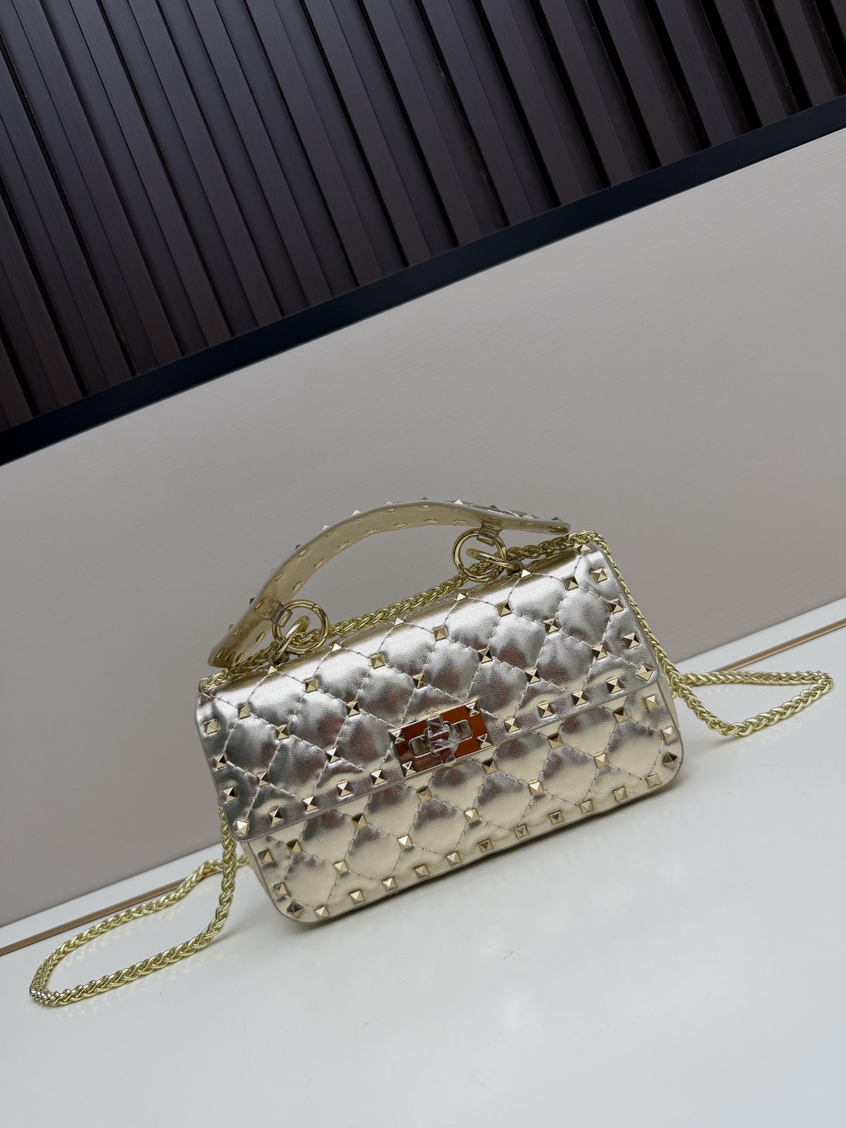 Gold Quilted Studded Chain Shoulder Bag