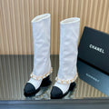 CHANEL 25S KNEE-HIGH HEELED BOOTS 65MM IN WHITE CALFSKIN GOLD HARDWRE