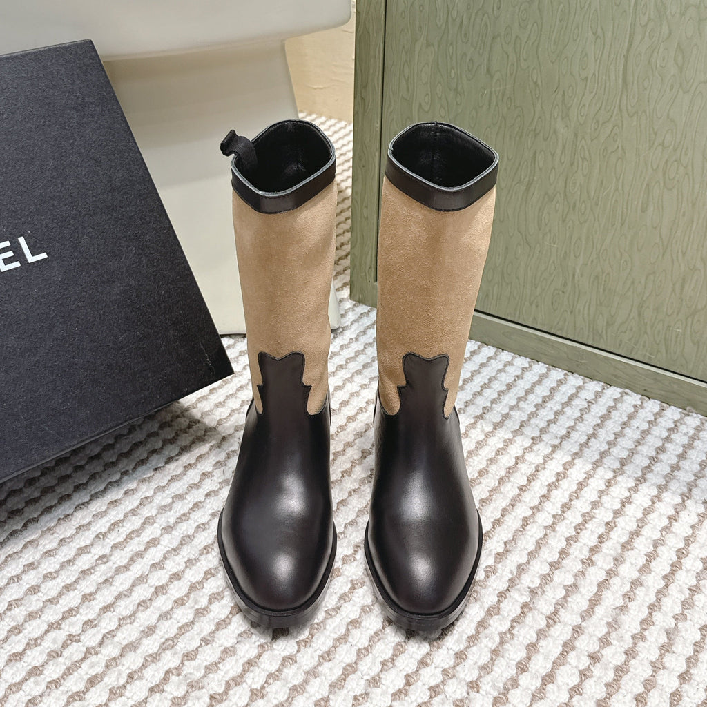 CHANEL 25S MID-CALF BOOTS IN TAN BROWN SUEDE MIX BLACK CALFSKIN