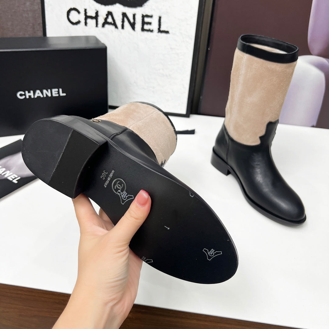 CHANEL 25S MID-CALF BOOTS 35MM IN BLACK CALFSKIN AND TAUPE GRAY SUEDE GOLD HARDWRE